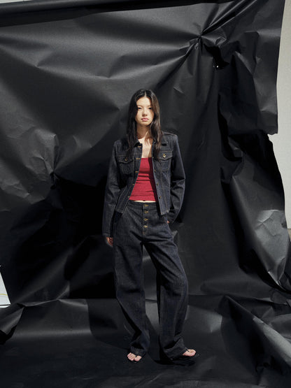 AFTADAWN Deconstructed Denim Jacket With Topstitch And Relaxed Arc Hem Trousers