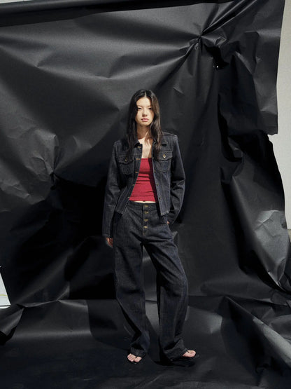 Deconstructed Denim Jacket With Topstitch And Relaxed Arc Hem Trousers