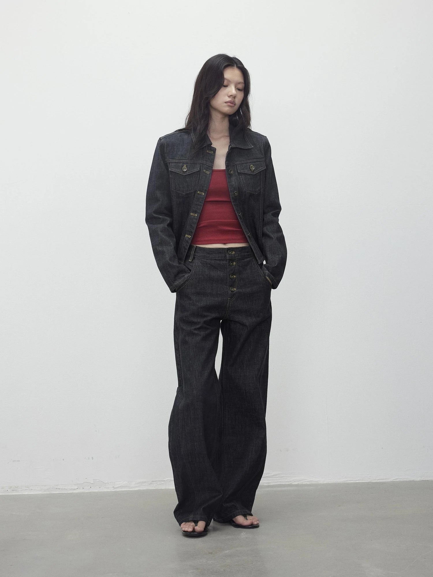Deconstructed Denim Jacket With Topstitch And Relaxed Arc Hem Trousers