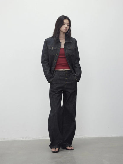 Deconstructed Denim Jacket With Topstitch And Relaxed Arc Hem Trousers