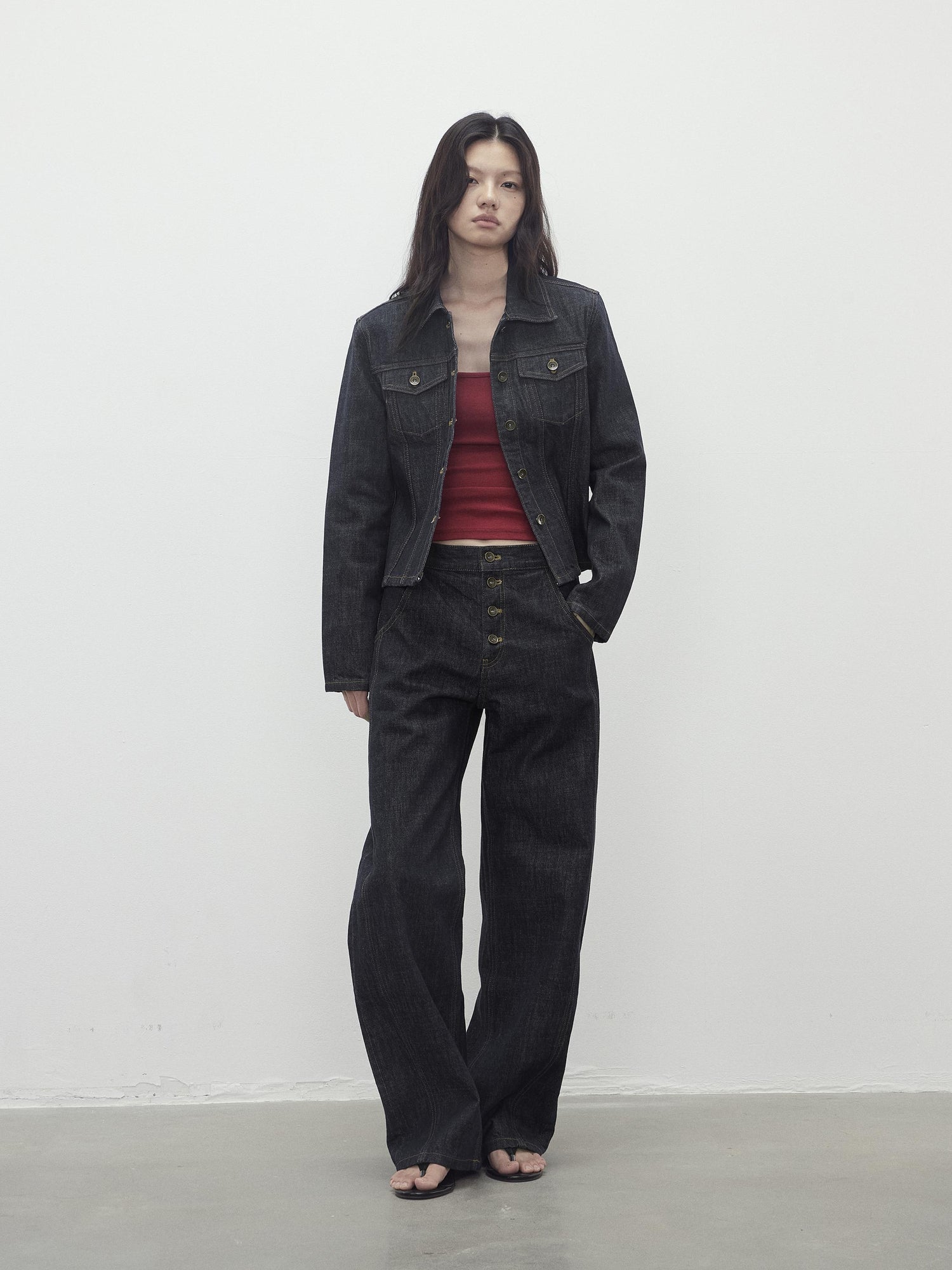 AFTADAWN Deconstructed Denim Jacket With Topstitch And Relaxed Arc Hem Trousers