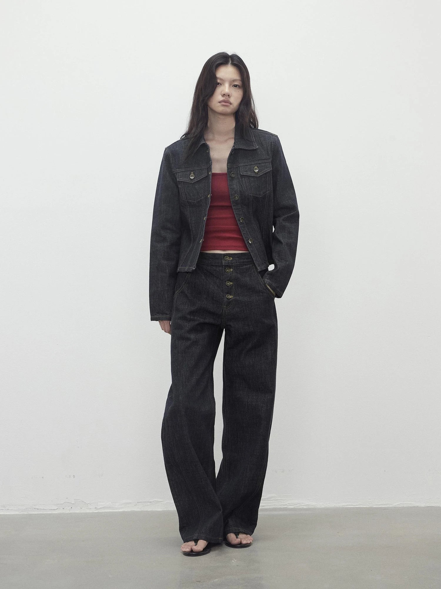 Deconstructed Denim Jacket With Topstitch And Relaxed Arc Hem Trousers