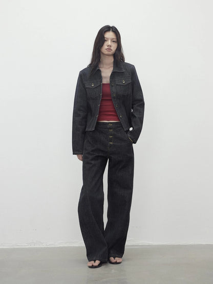 Deconstructed Denim Jacket With Topstitch And Relaxed Arc Hem Trousers