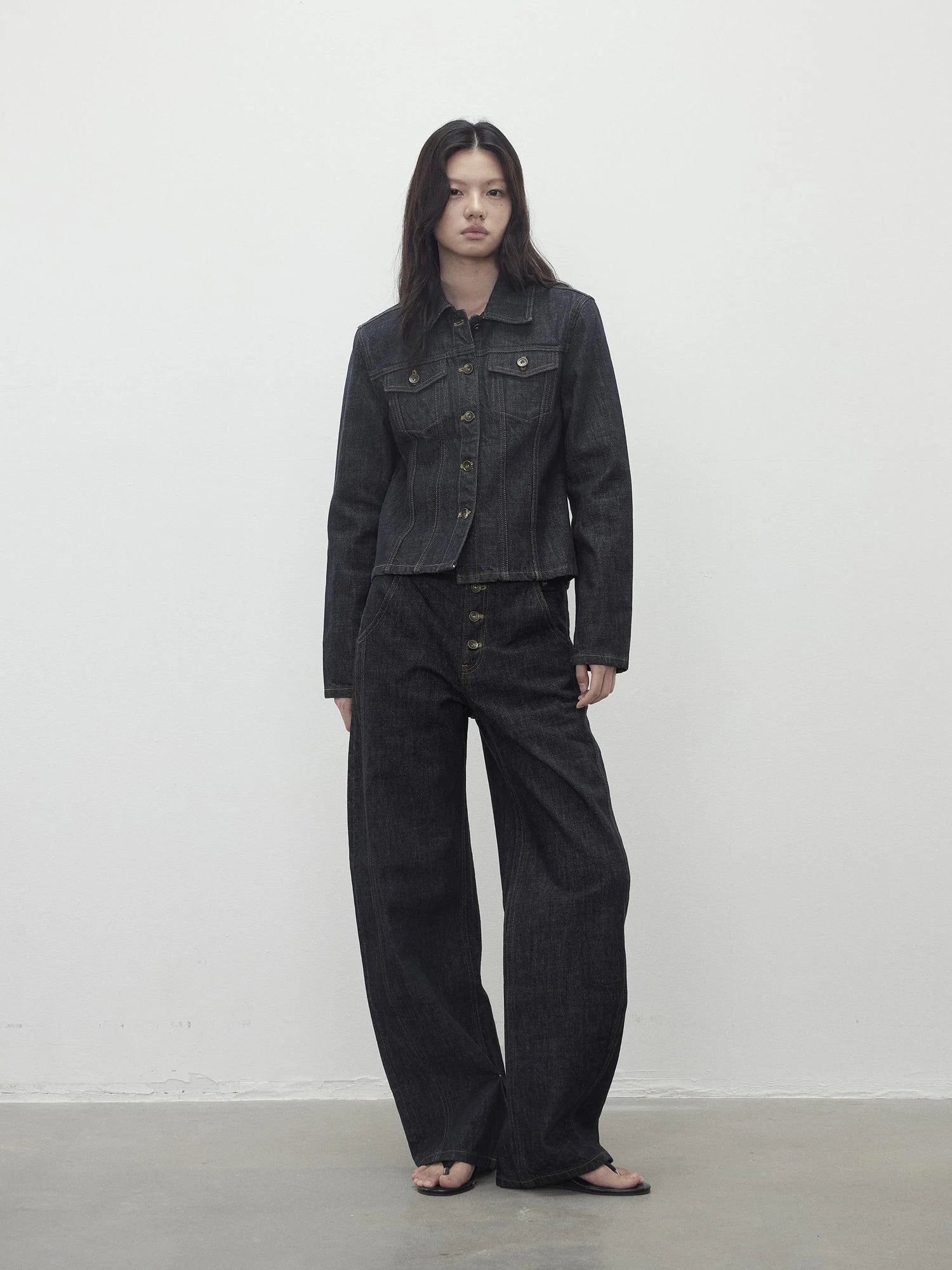 Deconstructed Denim Jacket With Topstitch And Relaxed Arc Hem Trousers