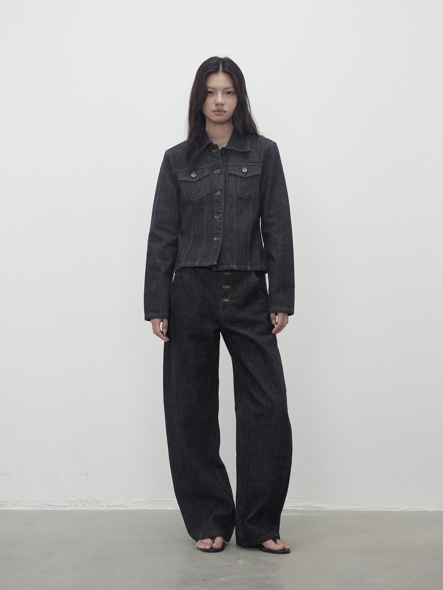 AFTADAWN Deconstructed Denim Jacket With Topstitch And Relaxed Arc Hem Trousers