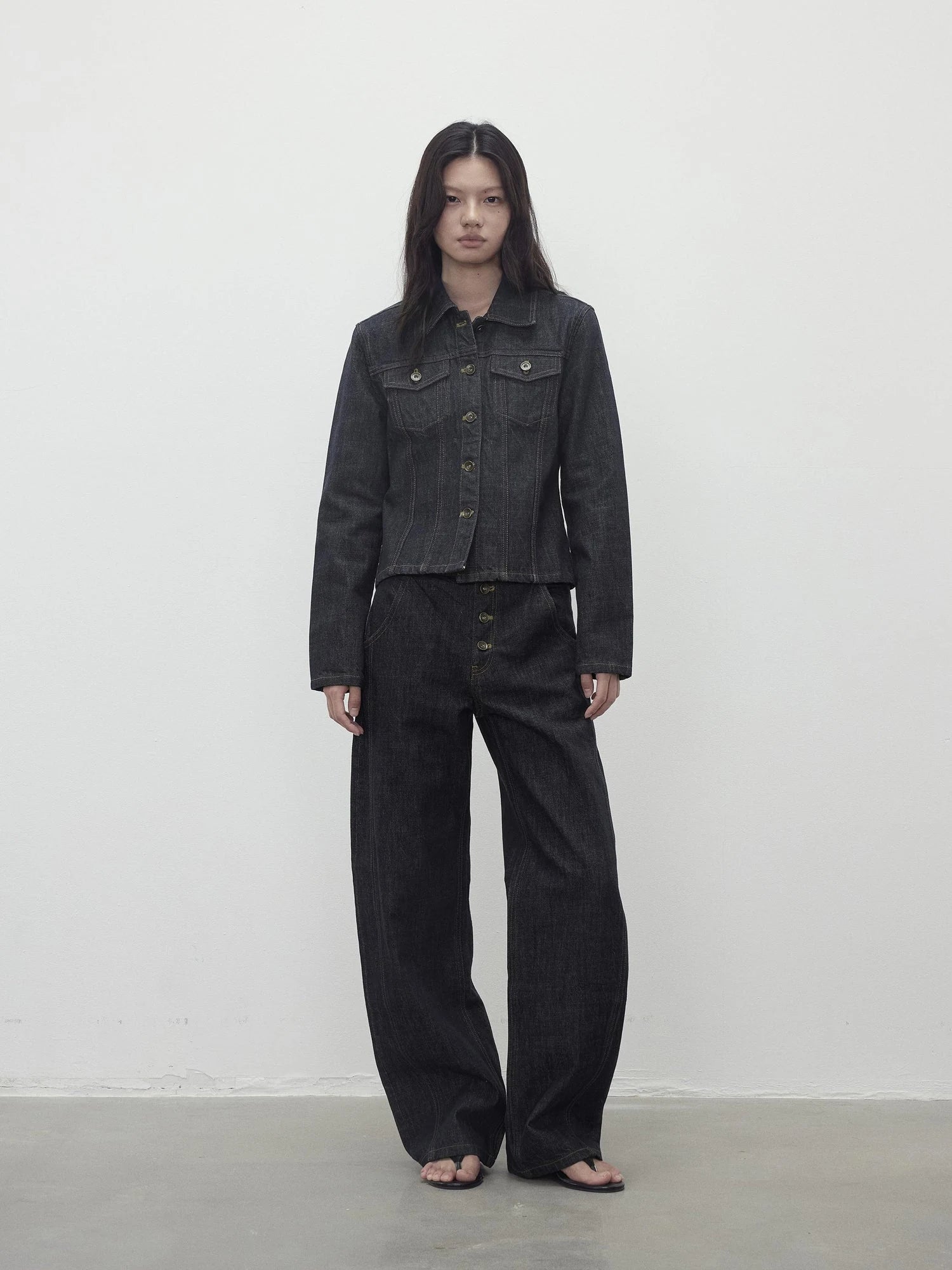 Deconstructed Denim Jacket With Topstitch And Relaxed Arc Hem Trousers