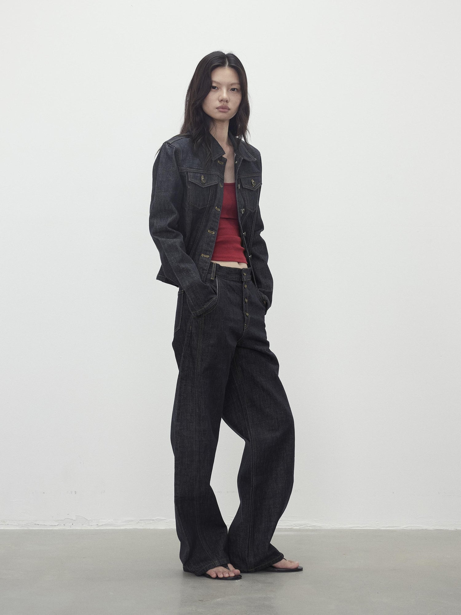 AFTADAWN Deconstructed Denim Jacket With Topstitch And Relaxed Arc Hem Trousers