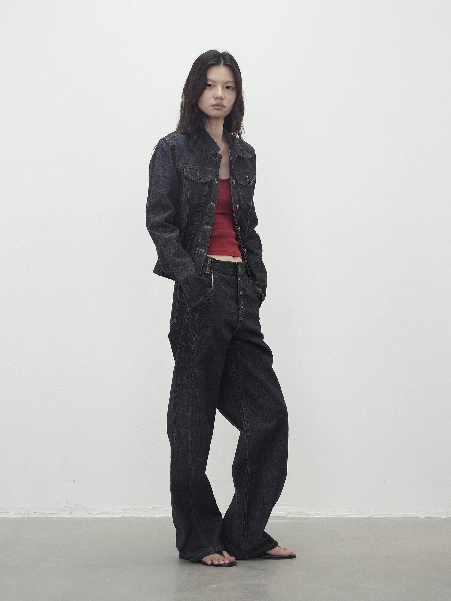 Deconstructed Denim Jacket With Topstitch And Relaxed Arc Hem Trousers