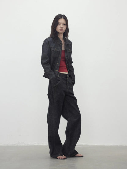 Deconstructed Denim Jacket With Topstitch And Relaxed Arc Hem Trousers