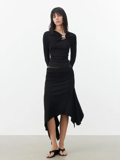 AFTADAWN Deconstructed Merino Wool Top With Pleats Metallic Floral Clasp T-shirt