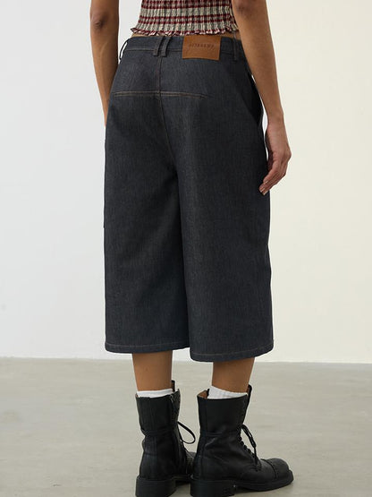 AFTADAWN Deconstructed Slant Placket Raw Wide Leg Cropped Jeans