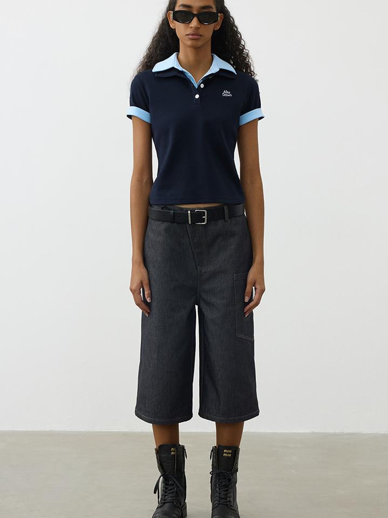 AFTADAWN Deconstructed Slant Placket Raw Wide Leg Cropped Jeans