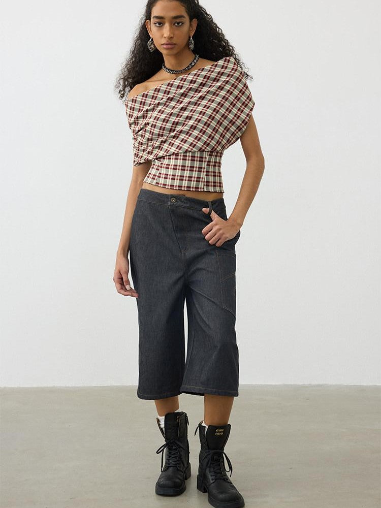 AFTADAWN Deconstructed Slanted Fly Patch Pocket Low Waist Wide Leg Women&
