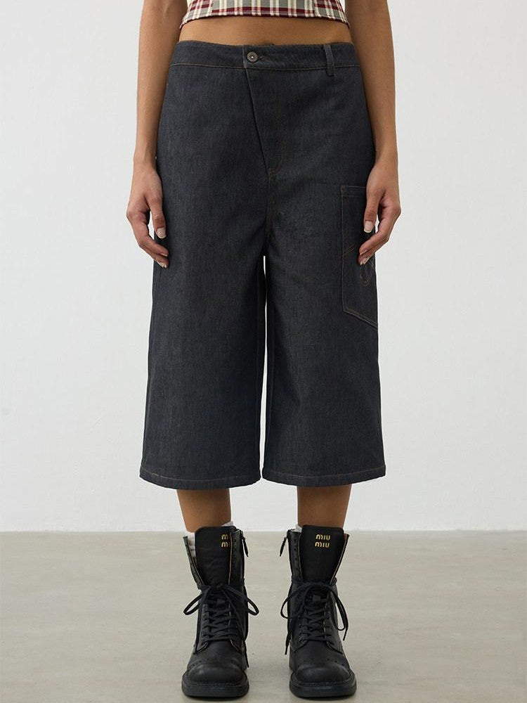 AFTADAWN Deconstructed Slanted Fly Patch Pocket Low Waist Wide Leg Women&