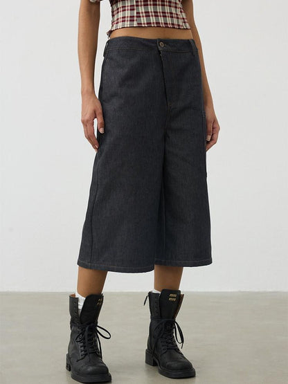 AFTADAWN Deconstructed Slanted Fly Patch Pocket Low Waist Wide Leg Women&