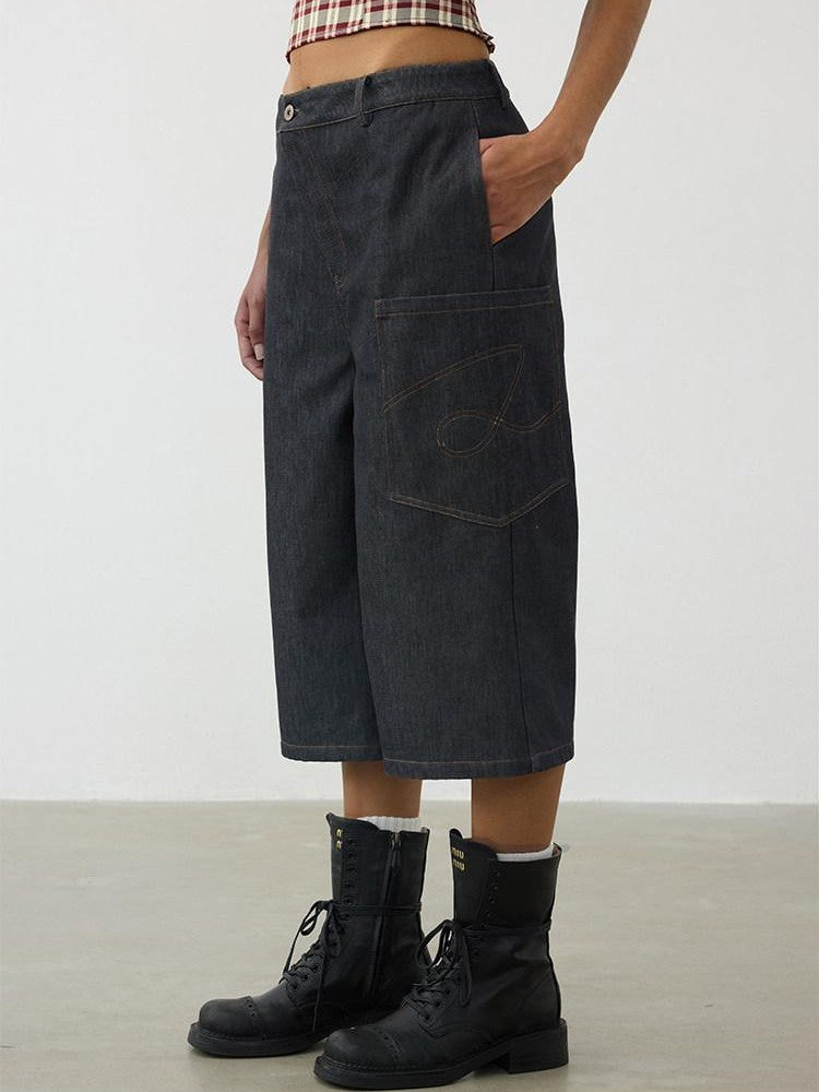 AFTADAWN Deconstructed Slanted Fly Patch Pocket Low Waist Wide Leg Women&