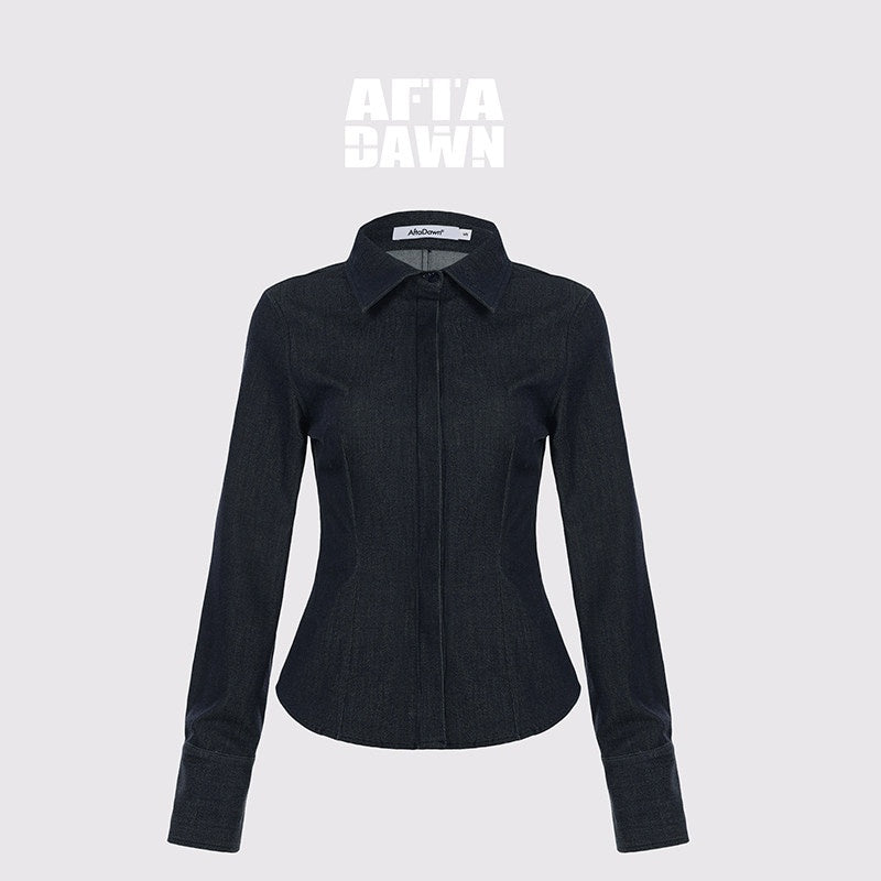 AFTADAWN_Deep_Blue_Faux_Denim_Waist_Cinching_Slim_Polo_Collar_Women&