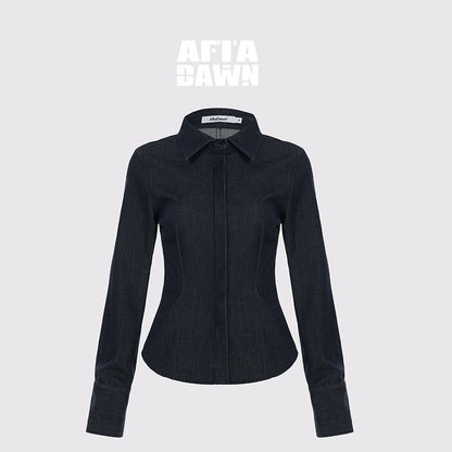 AFTADAWN_Deep_Blue_Faux_Denim_Waist_Cinching_Slim_Polo_Collar_Women&