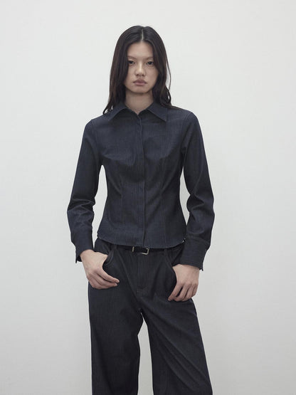 AFTADAWN Deep Blue Faux Denim Waist Cinching Slim Polo Collar Women&
