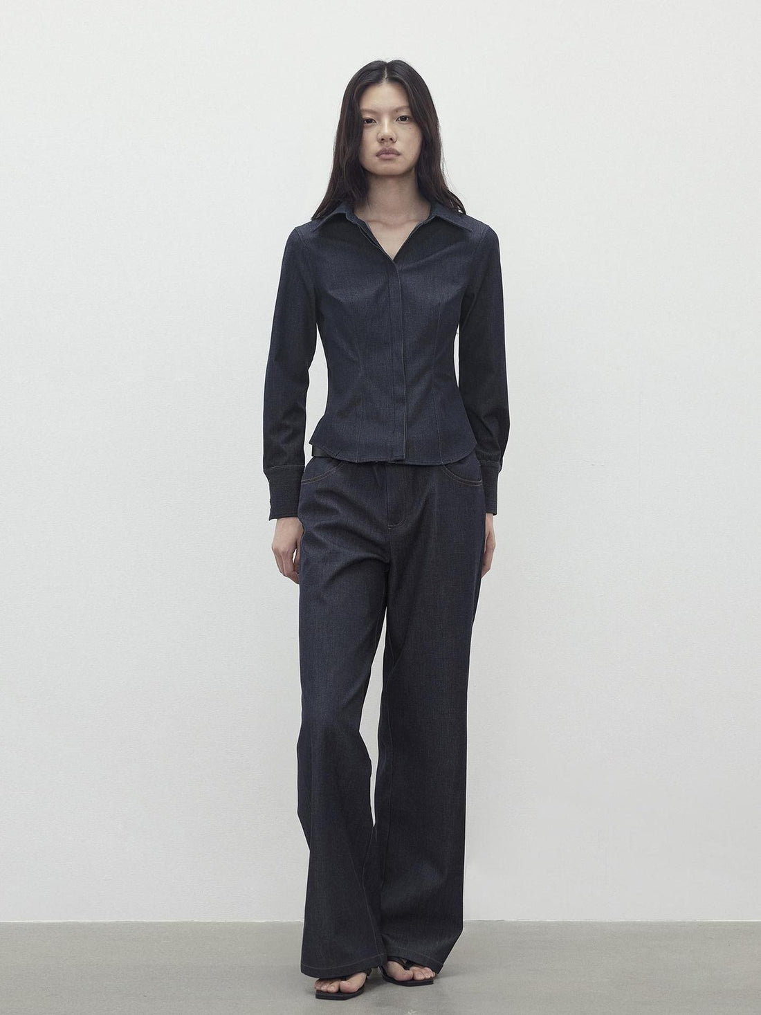 AFTADAWN Deep Blue Faux Denim Waist Cinching Slim Polo Collar Women&