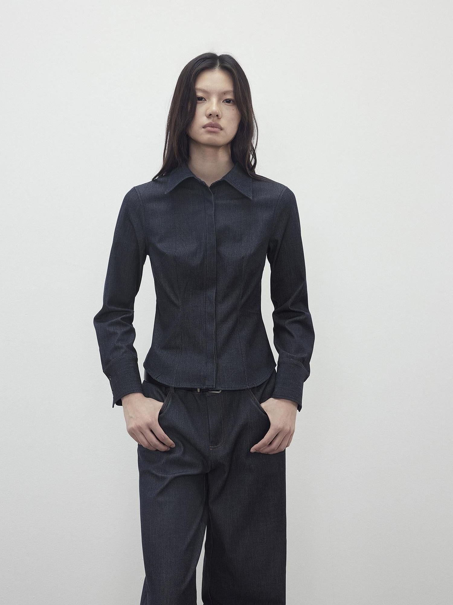 AFTADAWN Deep Blue Faux Denim Waist Cinching Slim Polo Collar Women&