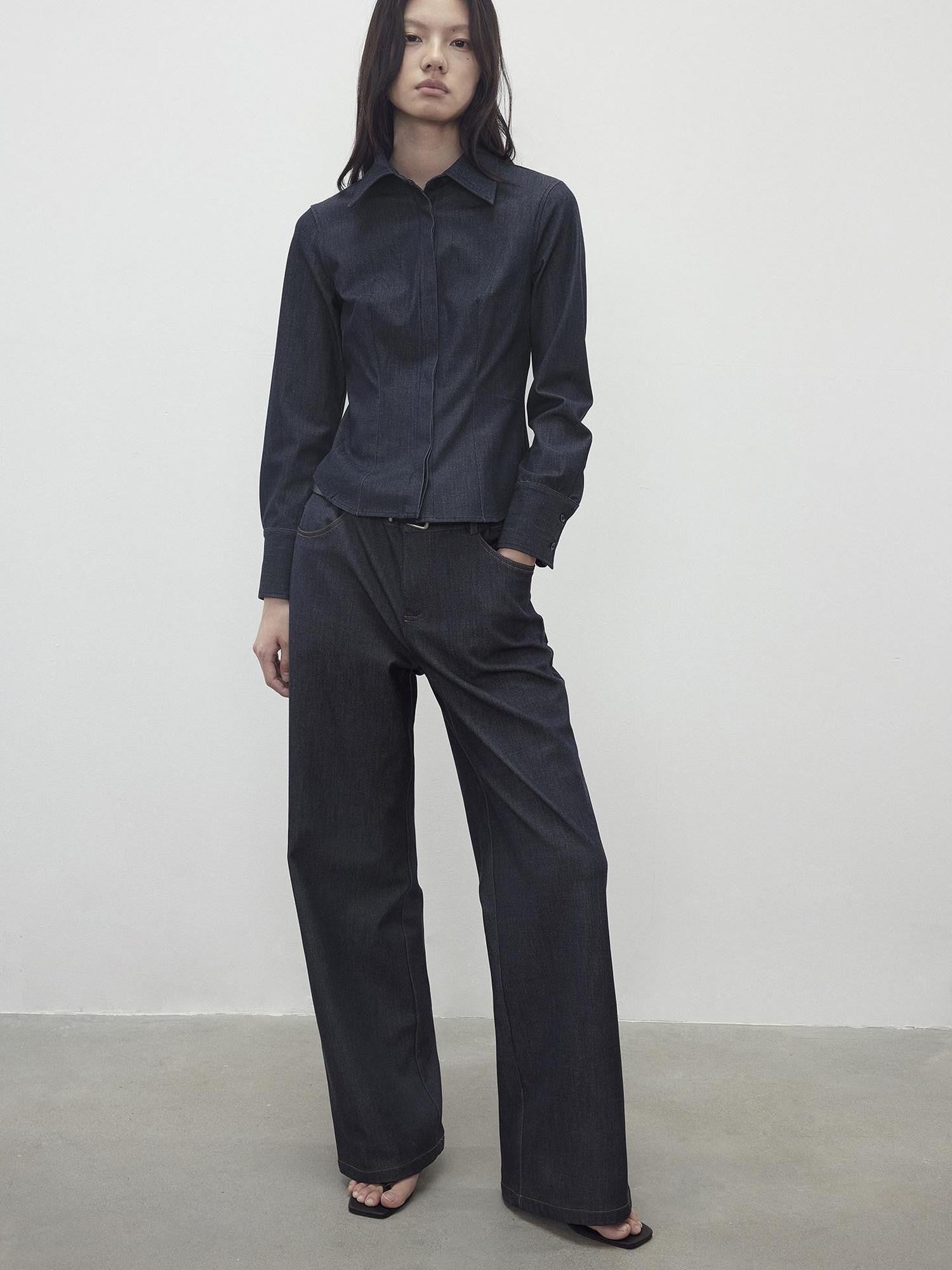 AFTADAWN Deep Blue Faux Denim Waist Cinching Slim Polo Collar Women&