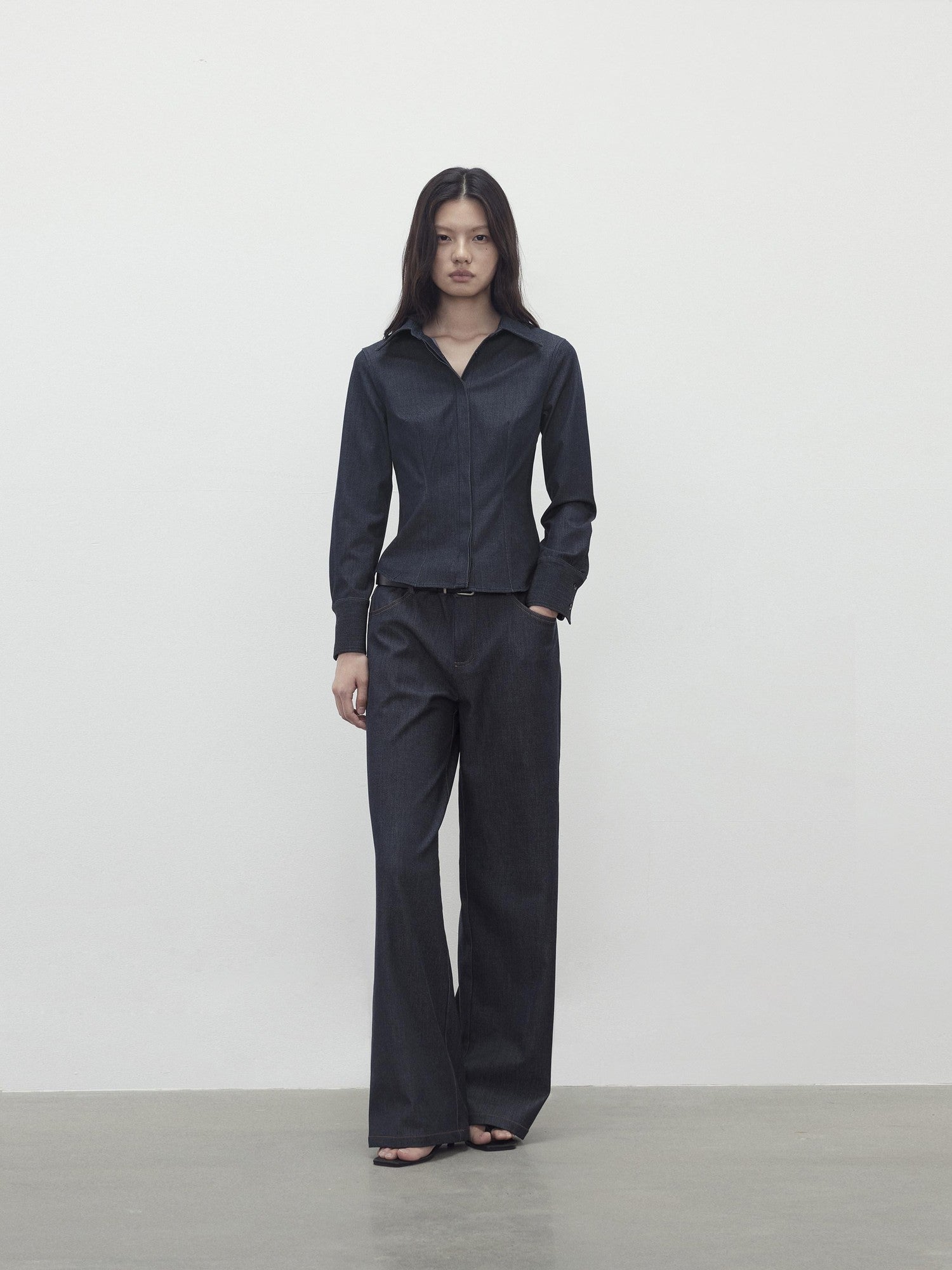 AFTADAWN Deep Blue Faux Denim Waist Cinching Slim Polo Collar Women&