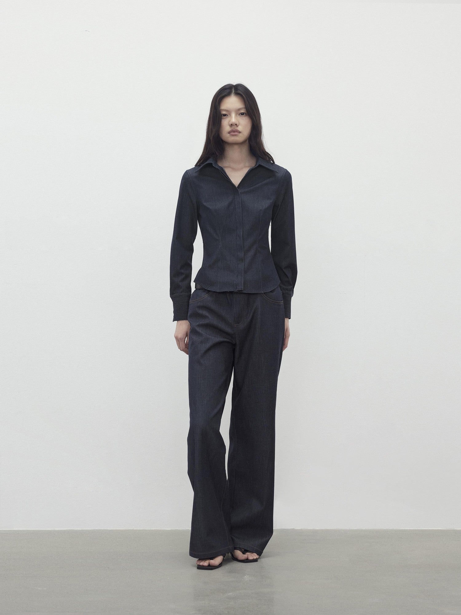 AFTADAWN Deep Blue Faux Denim Waist Cinching Slim Polo Collar Women&