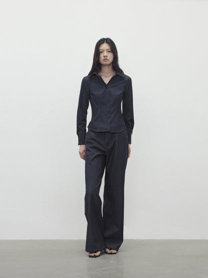 AFTADAWN Deep Blue Faux Denim Waist Cinching Slim Polo Collar Women&