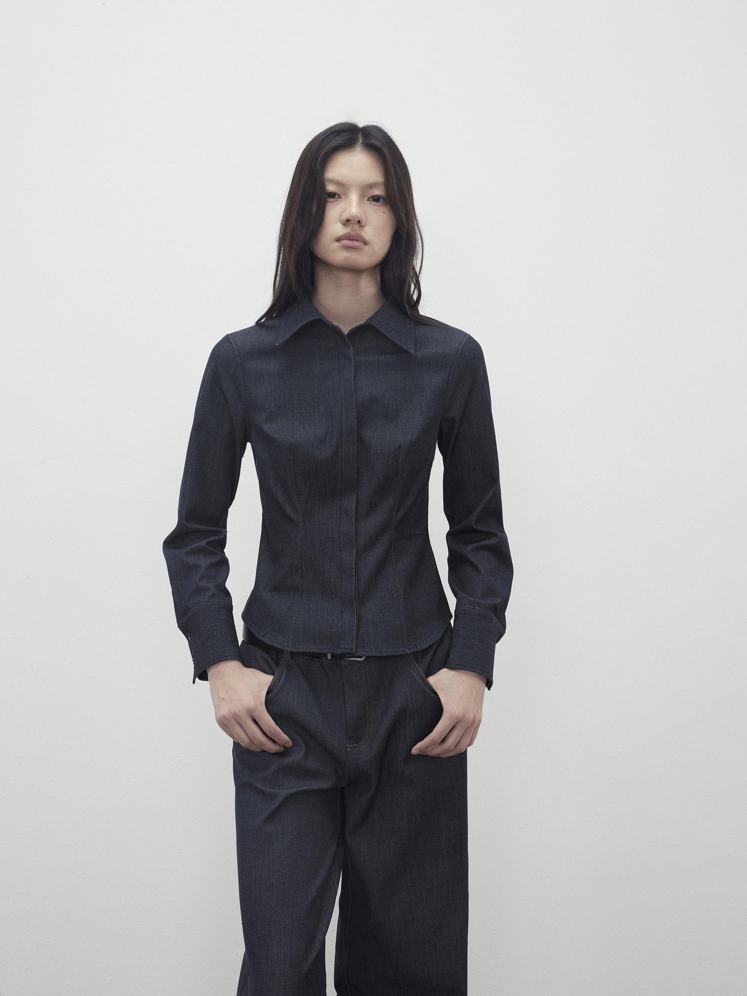 AFTADAWN Deep Blue Faux Denim Waist Cinching Slim Polo Collar Women&