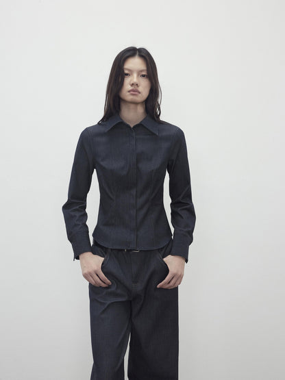 AFTADAWN Deep Blue Faux Denim Waist Cinching Slim Polo Collar Women&