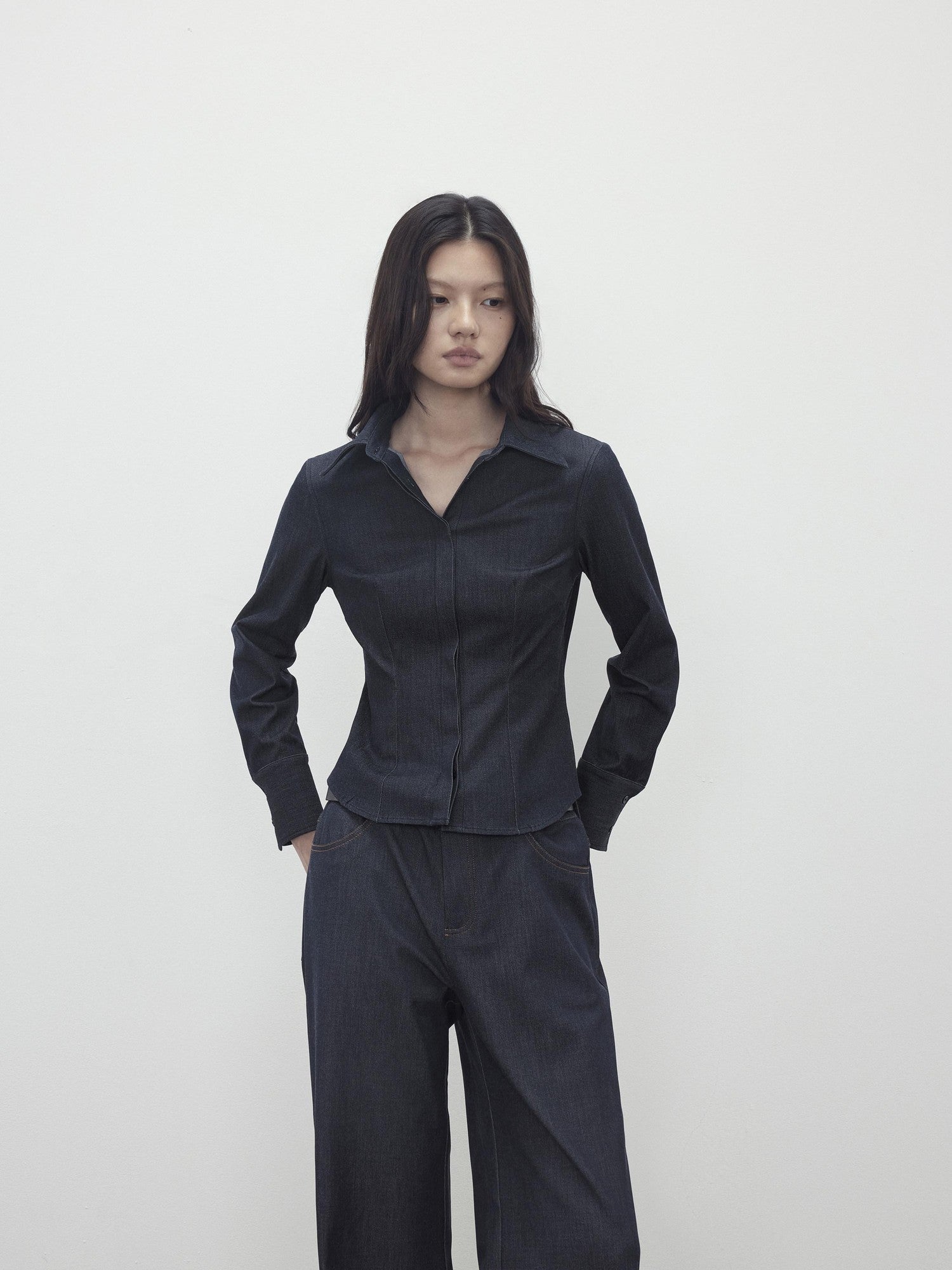 AFTADAWN Deep Blue Faux Denim Waist Cinching Slim Polo Collar Women&