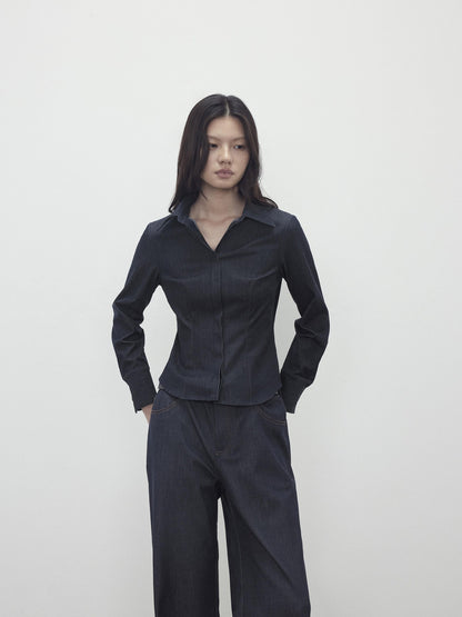 AFTADAWN Deep Blue Faux Denim Waist Cinching Slim Polo Collar Women&