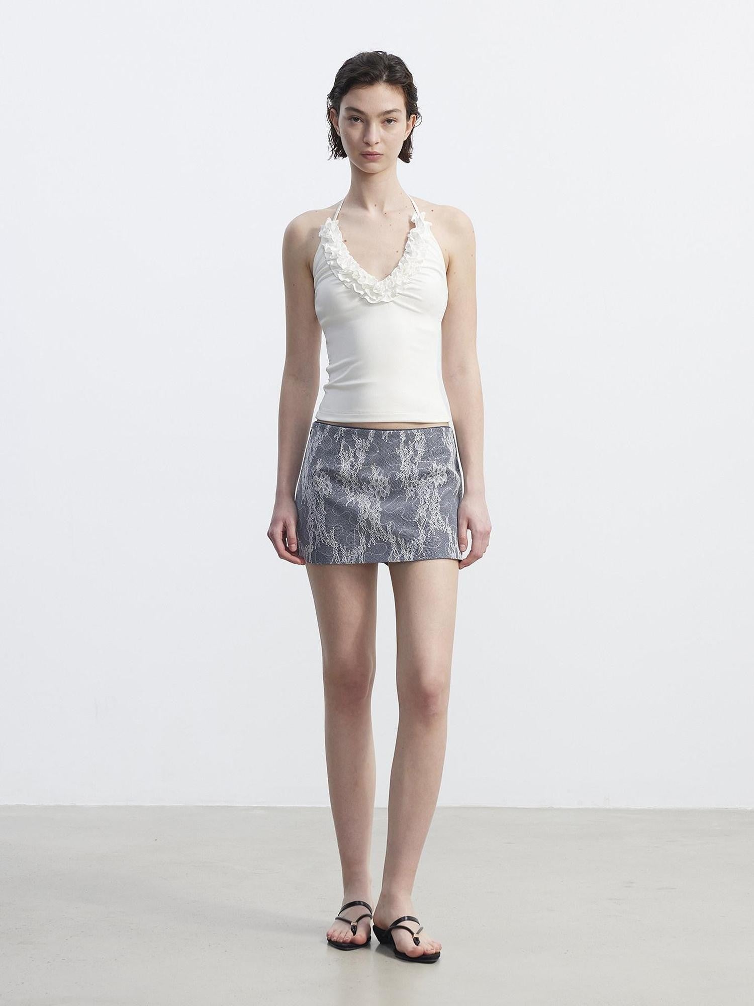 AFTADAWN Deep Blue Lace Mesh Double Layer Denim Women&