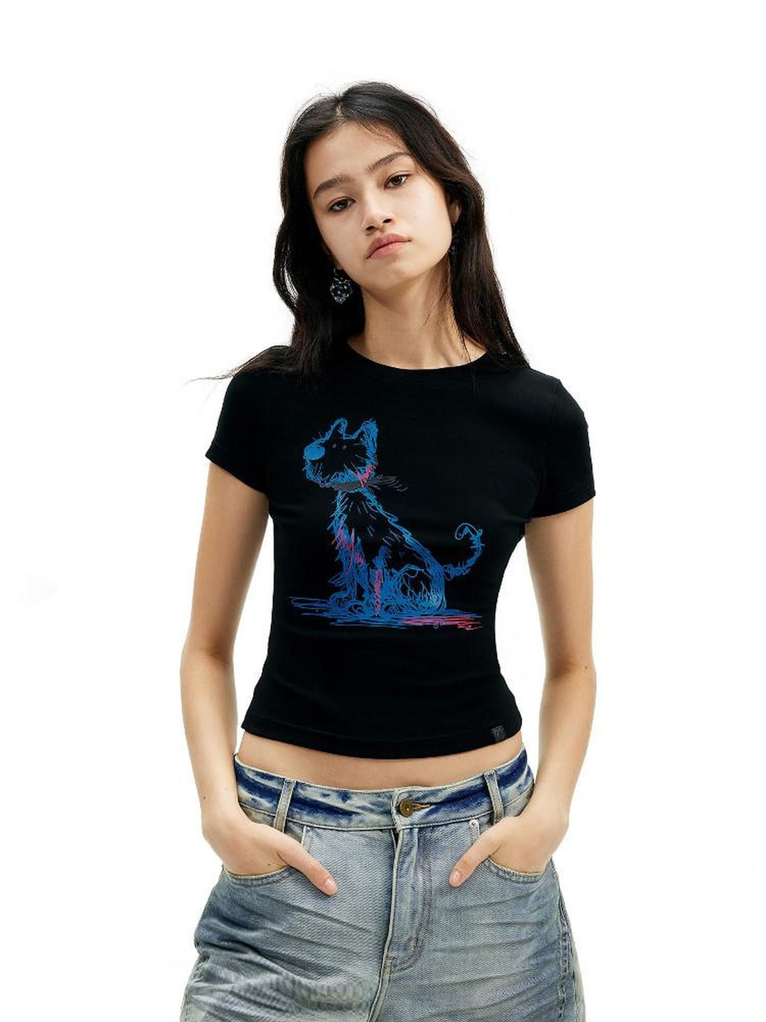 AFTADAWN Deep Blue Puppy Dog Print Slim Fit Cropped Women&