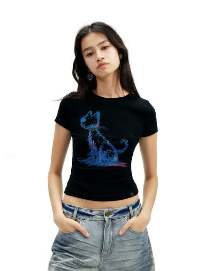 AFTADAWN Deep Blue Puppy Dog Print Slim Fit Cropped Women&
