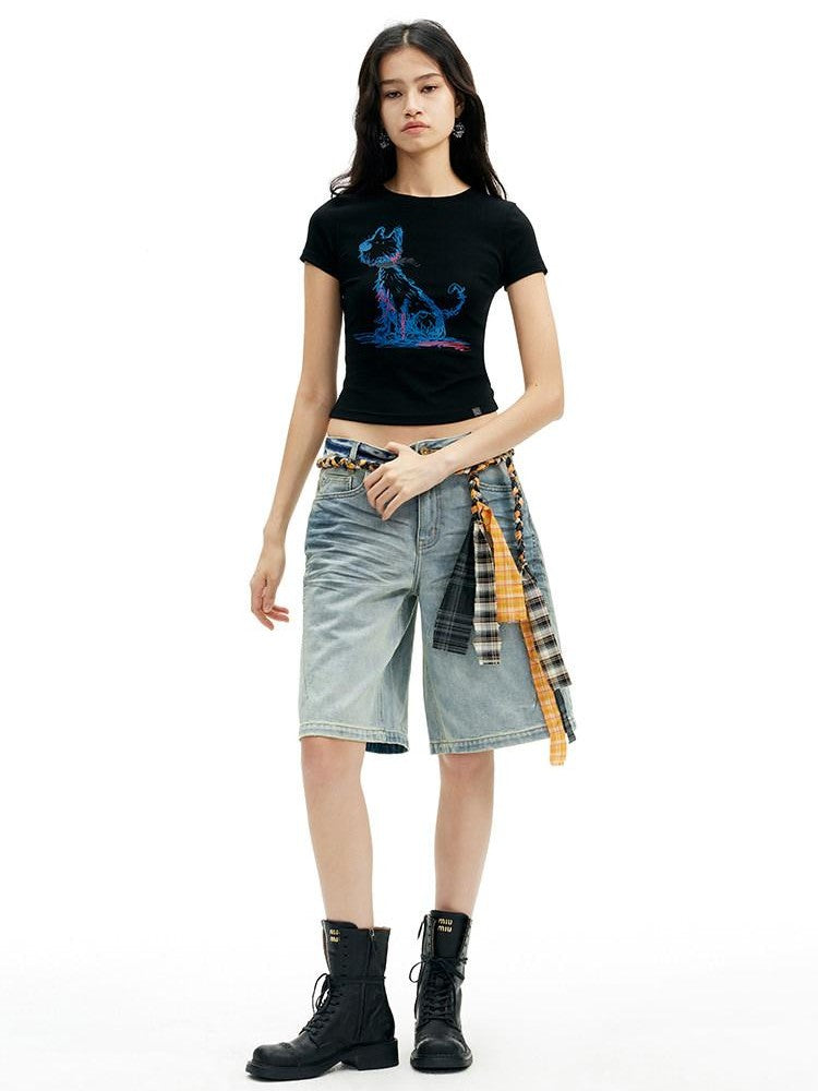AFTADAWN Deep Blue Puppy Dog Print Slim Fit Cropped Women&