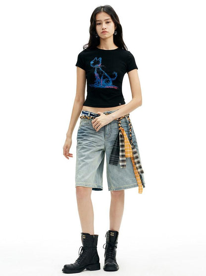 AFTADAWN Deep Blue Puppy Dog Print Slim Fit Cropped Women&