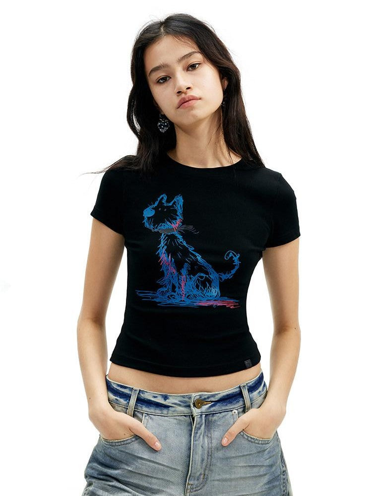 AFTADAWN Deep Blue Puppy Dog Print Slim Fit Cropped Women&
