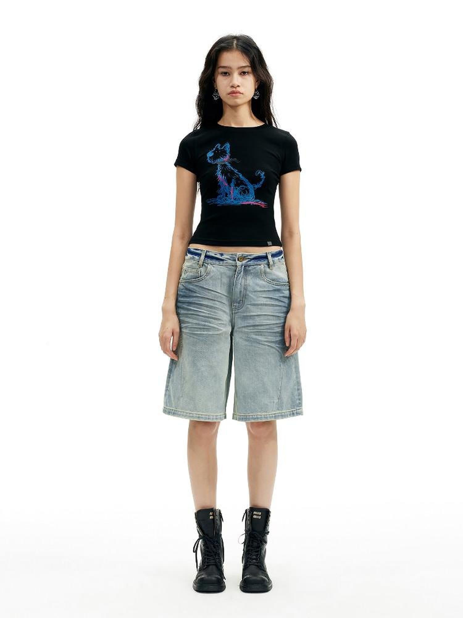 AFTADAWN Deep Blue Puppy Dog Print Slim Fit Cropped Women&