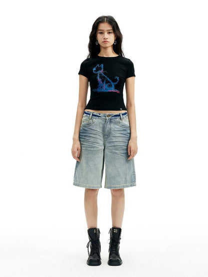 AFTADAWN Deep Blue Puppy Dog Print Slim Fit Cropped Women&