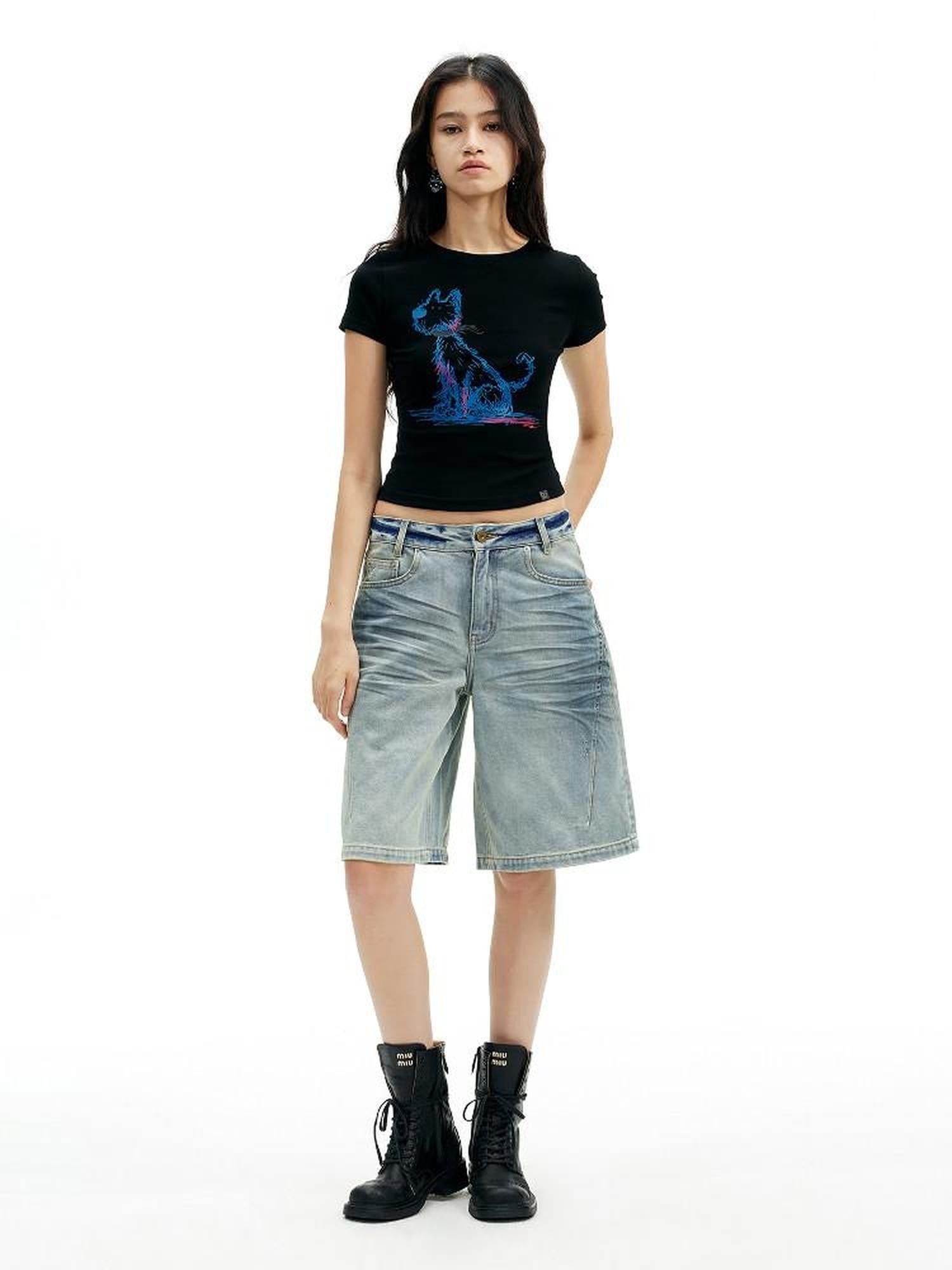AFTADAWN Deep Blue Puppy Dog Print Slim Fit Cropped Women&
