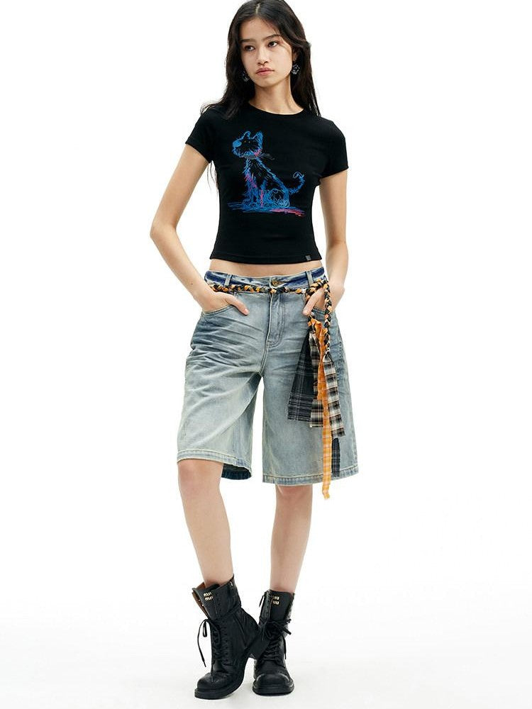 AFTADAWN Deep Blue Puppy Dog Print Slim Fit Cropped Women&