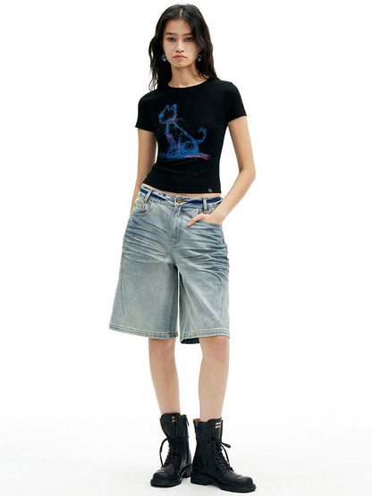AFTADAWN Deep Blue Puppy Dog Print Slim Fit Cropped Women&