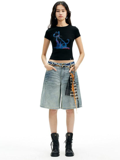 AFTADAWN Deep Blue Puppy Dog Print Slim Fit Cropped Women&