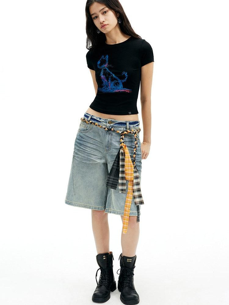 AFTADAWN Deep Blue Puppy Dog Print Slim Fit Cropped Women&