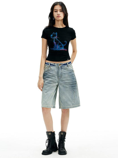 AFTADAWN Deep Blue Puppy Dog Print Slim Fit Cropped Women&
