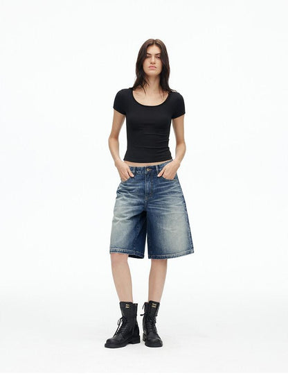 AFTADAWN Deep Blue Vintage Washed Distressed 3d Whisker Women&