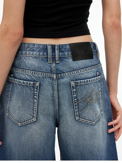 AFTADAWN Deep Blue Vintage Washed Distressed 3d Whisker Women&
