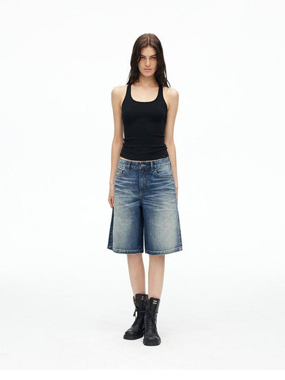 AFTADAWN Deep Blue Vintage Washed Distressed 3d Whisker Women&